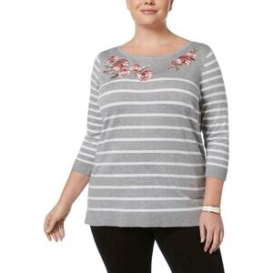 Gray White Striped Sweater Floral Embroidered Boat Neck 3/4 Sleeve Plus Size